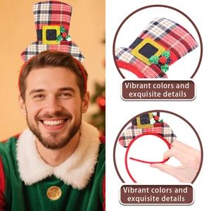 Close-up of Christmas hat headband with red plaid pattern and festive holly berry details