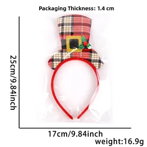 Detail view of Christmas headband with red plaid sequin hat and dimensions info