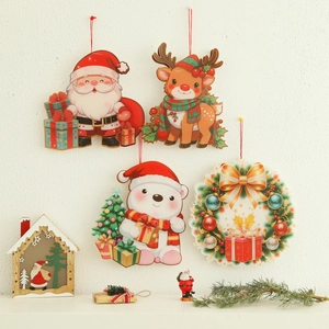 Christmas Hanging LED Light Decoration PVC Cartoon Santa Elk Bear Wreath For Holiday Home Wall Decor Kids DIY Gift