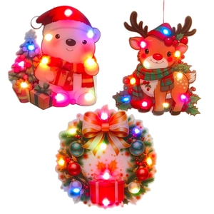 Three-piece set of LED Christmas hanging decorations with glowing bear, deer, and wreath