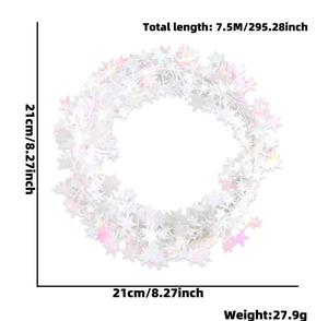 Detailed specs of 7.5m iridescent star garland showing length, weight and 21cm diameter