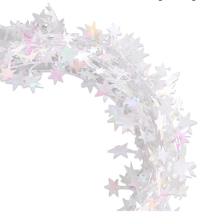 Close-up of iridescent star garland decorations with shiny rainbow reflection effect