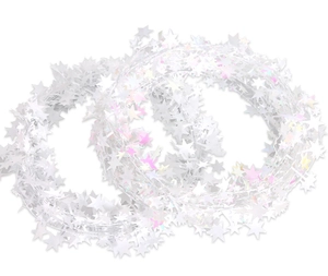 Close-up of 7.5m iridescent star wire garland with holographic glossy finish for Christmas
