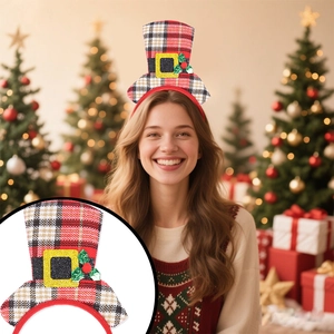 Christmas headband with red plaid hat featuring gold buckle and holly berry details