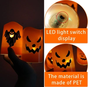 Detail of Halloween LED candle light showing the PET material and bottom power switch