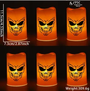 Detailed dimensions of 6pcs orange Halloween LED candles with black skull prints