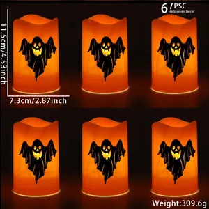 Detail of 6-piece Halloween LED candle set with orange ghost pattern and measurements