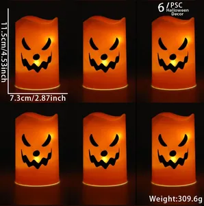 Set of 6 Halloween LED candles with orange pumpkin faces showing size specifications