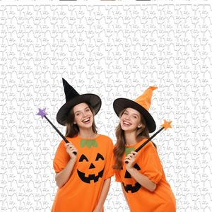 Detail of Halloween pumpkin costume set including dress, witch hats and magic wands
