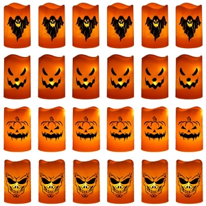 24-piece Halloween LED flameless candles with ghost pumpkin and skull silhouette patterns