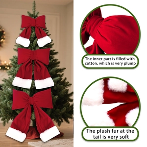 Red velvet Christmas tree topper bows with white plush trim and soft cotton filling