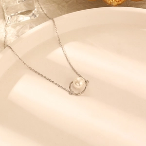 Vintage pearl planet necklace in titanium steel, minimalist silver choker for women
