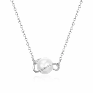 Minimalist pearl necklace with silver planetary ring pendant and tarnish-free steel chain