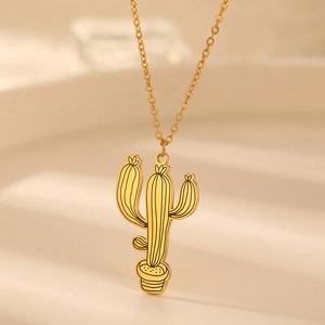 Collier minimaliste avec pendentif cactus en acier inoxydable doré pour femmes