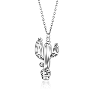 Collier avec pendentif cactus minimaliste en acier inoxydable argenté et lignes noires