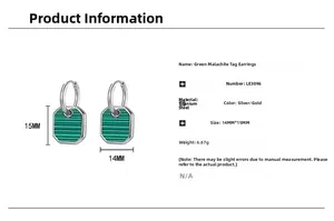 Detail view of green malachite tag earrings in titanium steel with product dimensions