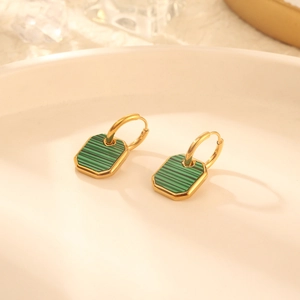 Chic gold-plated hoop earrings featuring rectangular green malachite charms for women