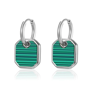 Octagon malachite green pendant hoop earrings in polished stainless steel for women