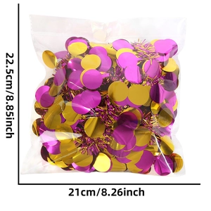 Détail de guirlande à paillettes violettes et dorées emballée avec dimensions indiquées
