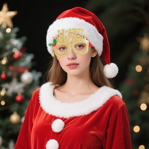 Close-up of golden glitter Happy New Year glasses frame for holiday party photo props