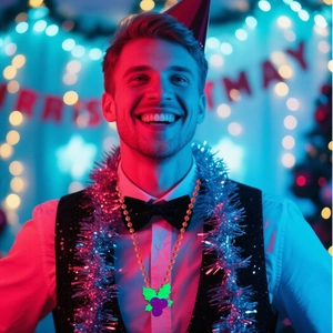 Close-up of a festive glowing Christmas necklace with green holly leaf and purple fruit pendant