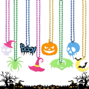 Halloween beaded necklaces with colorful felt pendants like ghosts, spiders, and pumpkins