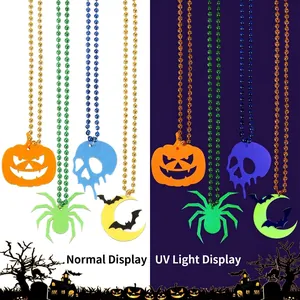 Halloween beaded necklace set with fluorescent ghost spider pendants under UV light