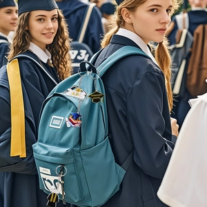 Détail du porte-clés de remise des diplômes 2024 avec toque sur un sac à dos bleu