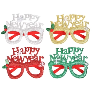 Set of 4 Happy New Year glitter glasses in gold, silver, red, and green for party props