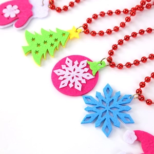 Christmas party necklaces with red beads and felt pendants like trees and snowflakes