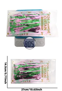 Pink and green foil fringe curtain packaging with 27cm x 14.5cm dimensions and 80.5g weight