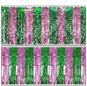 Pink and green tinsel curtains shown in wave and straight textures for party decor