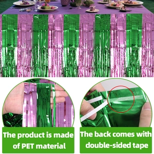Pink and green striped foil fringe table skirt for party decorations with adhesive backing