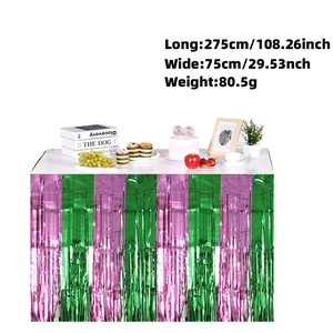 Pink and green metallic tinsel fringe table skirt, 108x29 inch party table decoration