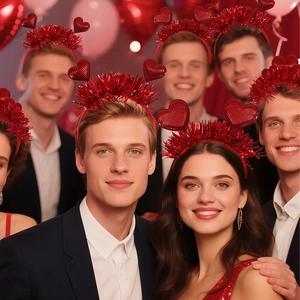 Group of friends wearing red glitter heart headbands for Valentine party decoration