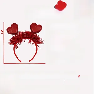Detail showing red tinsel Valentine's Day headband with sparkling heart sequins