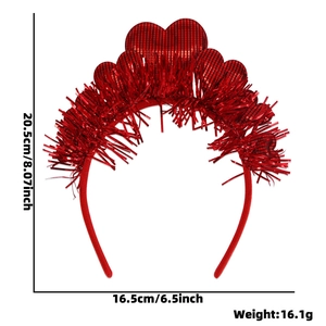 Detail view with dimensions of a red heart headband featuring checkered patterns and tassels