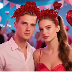 Close-up of red heart sequin tinsel headbands worn by a couple for Valentine's party