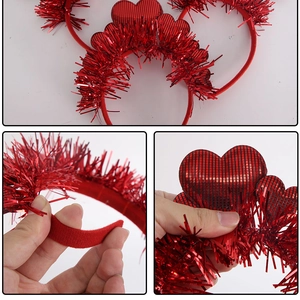 Close-up of red sequin tinsel headband and flexible fabric frame for Valentine party