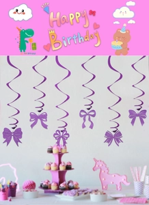Detailed view of pink glitter bow swirl hanging decorations for girl birthday party