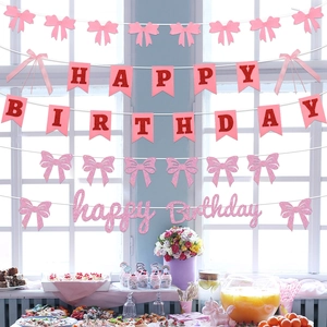 Pink glitter Happy Birthday banner set with ribbon bow decorations for party decor