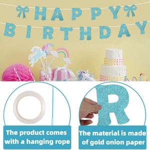 Blue glitter Happy Birthday banner with bows for party decorations made of premium paper