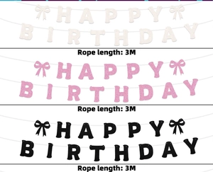 Three colors of glitter Happy Birthday banners with bow knots and 3M rope length