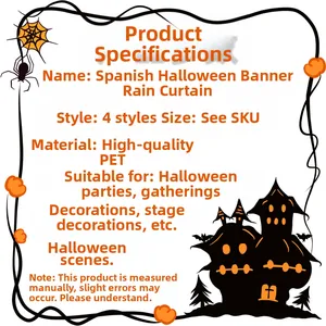 Macro detail of PET Halloween tinsel banners showing four festive fringe curtain styles