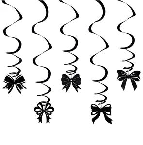Detail view of black spiral hanging swirls with diverse bow tie paper cutouts for parties