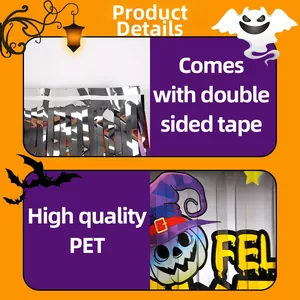 Detailed view of silver tinsel fringe curtain and Halloween banner with adhesive backing