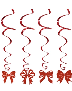 Close-up of four red glitter bow swirls and metallic hanging decorations for girls birthday