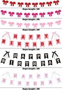 Detail showing colorful Happy Birthday banners with bows and 3m rope length specifications