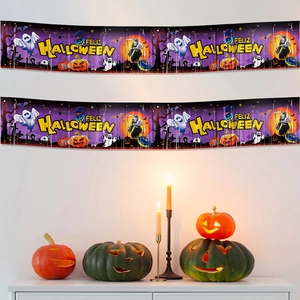 Detail of Feliz Halloween purple banners with fringe ghosts and pumpkin decorations