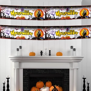 Spanish Feliz Halloween banners featuring pumpkins and ghosts over a white fireplace